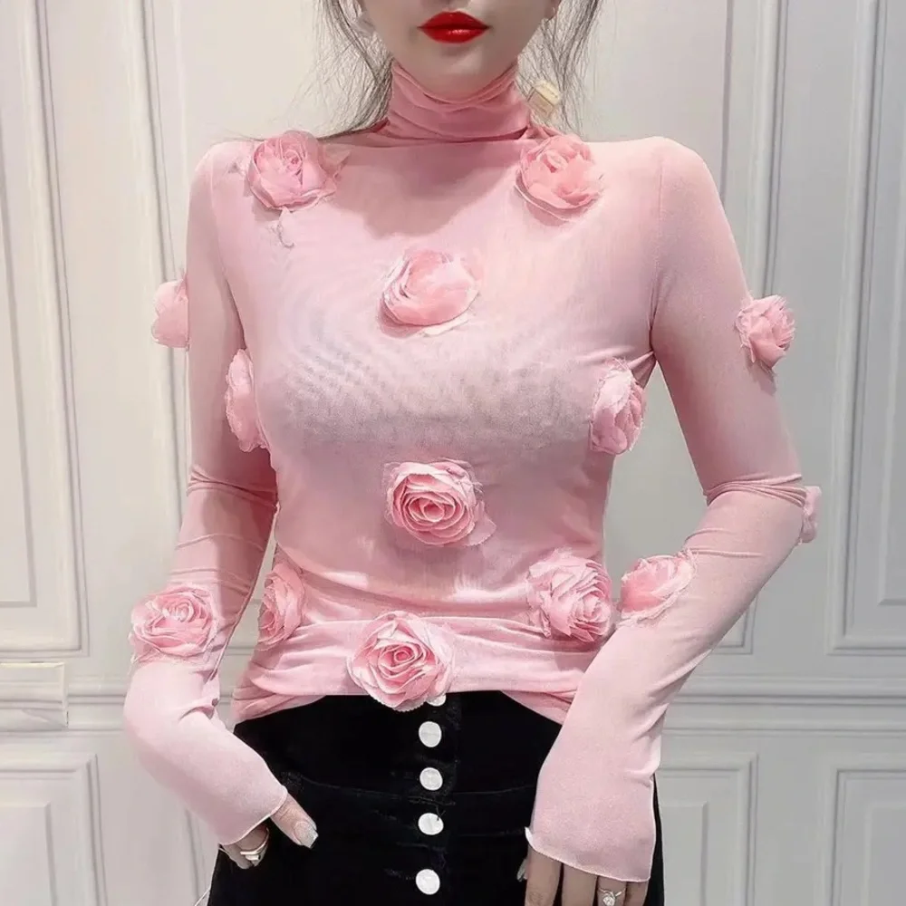 🎉New 24’Spring Summer 3-D Pink Solid Flower Stretch Mesh Turtleneck Top - Picture 1 of 10